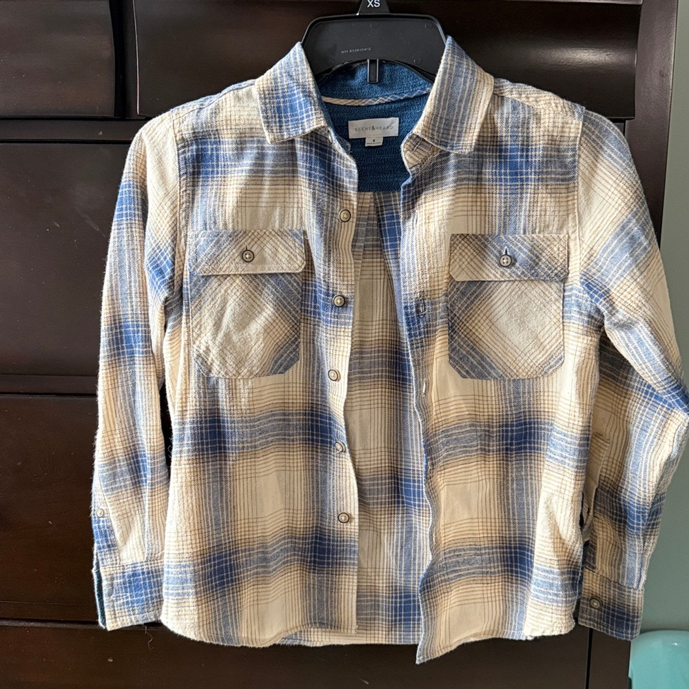 Plaid Kids Shirt - Blue and cream size 8 - Picture 2 of 3